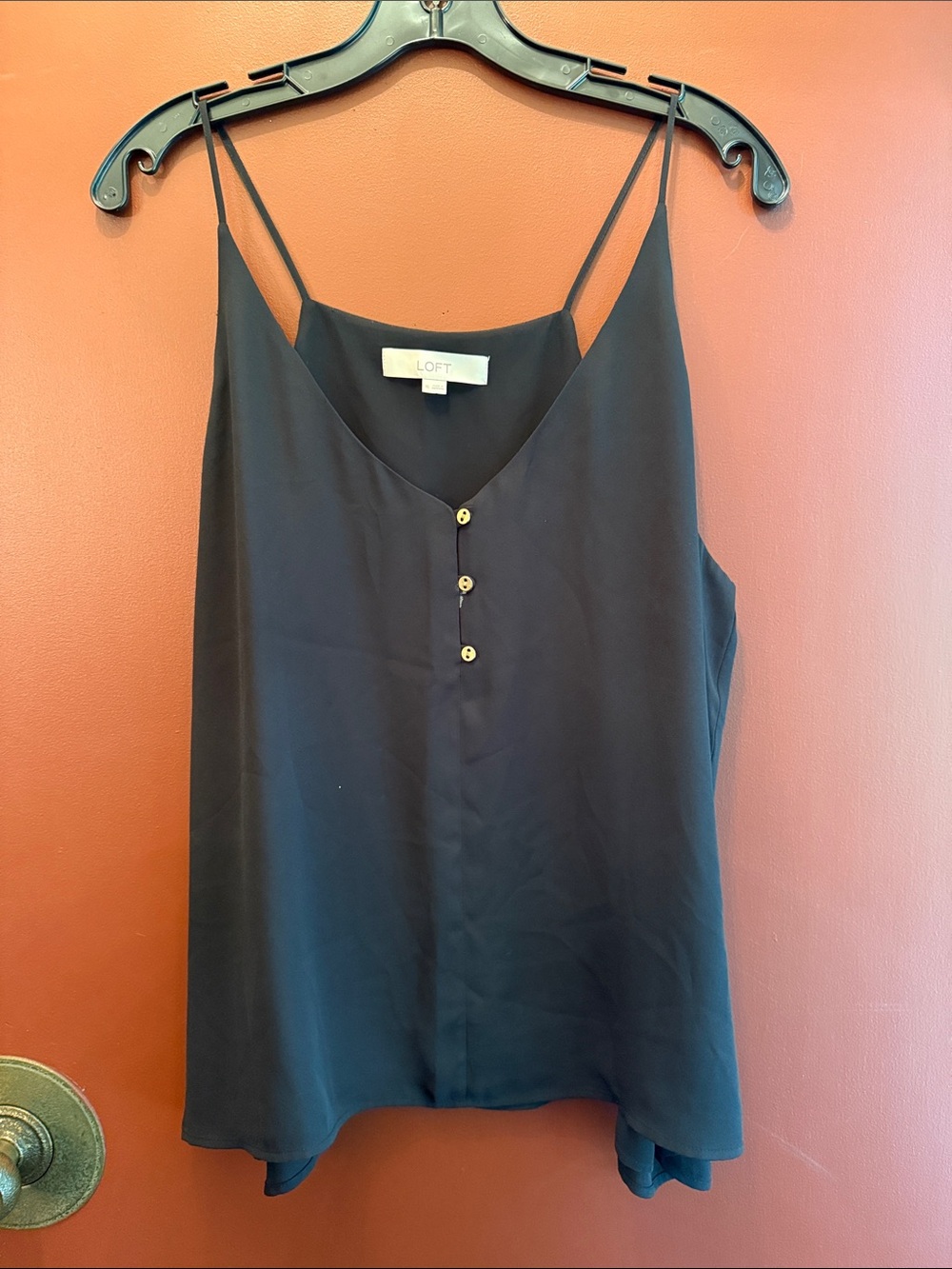 LOFT Black V-Neck Silk-Feel Spaghetti Strap Cami with Front Buttons